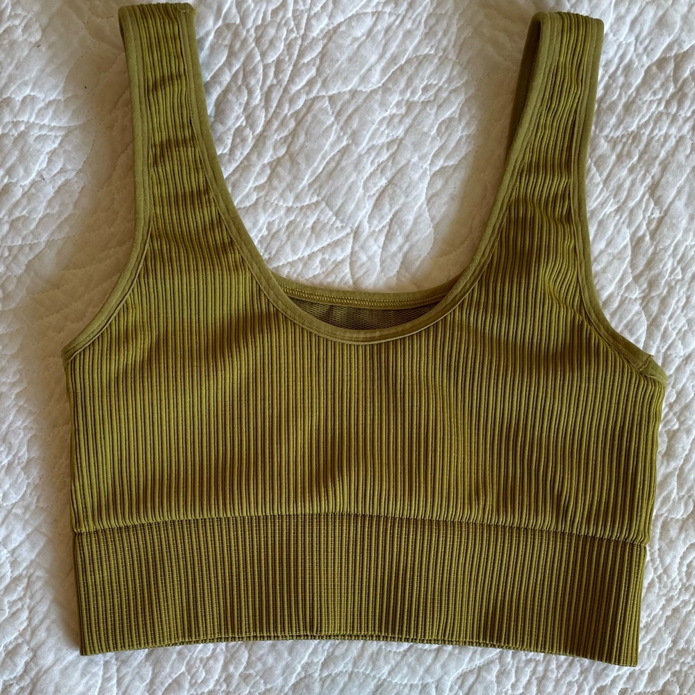 NWOT Good American GOLDEN OLIVE Seamless Ribbed Sports Bra (Size: 1/2)